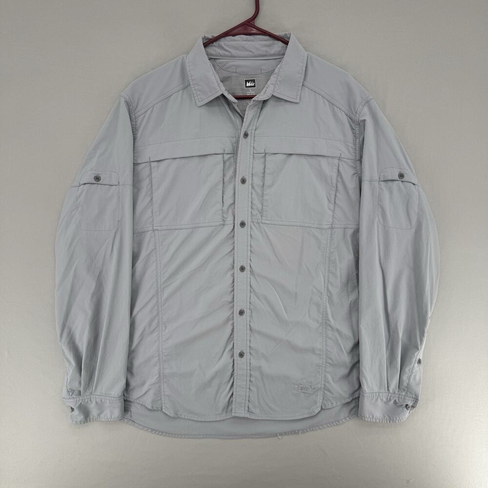 REI Mens Large Long Sleeve Button Down Gray Vented Hiking Fishing Outdoor Shirt